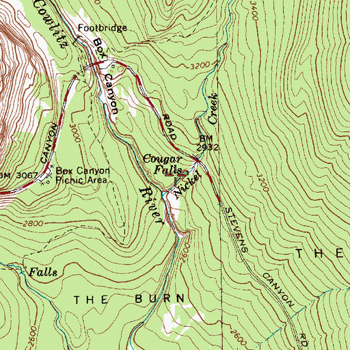 Topographic Map of Cougar Falls, WA