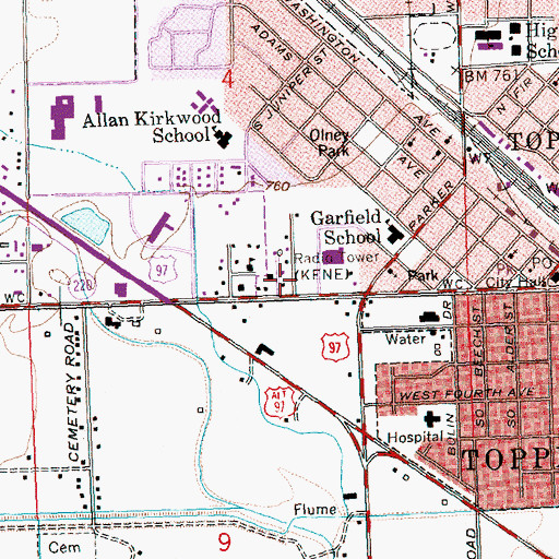 Topographic Map of KENE-AM (Toppenish), WA