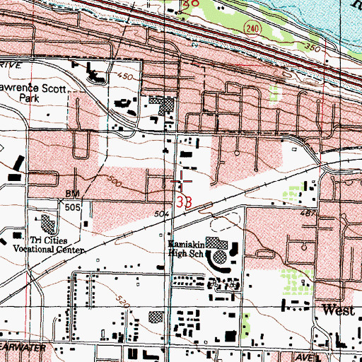 Topographic Map of KTCR-AM (Kennewick), WA