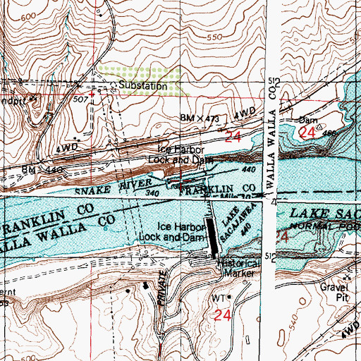 Topographic Map of Ice Harbor Lock and Dam, WA