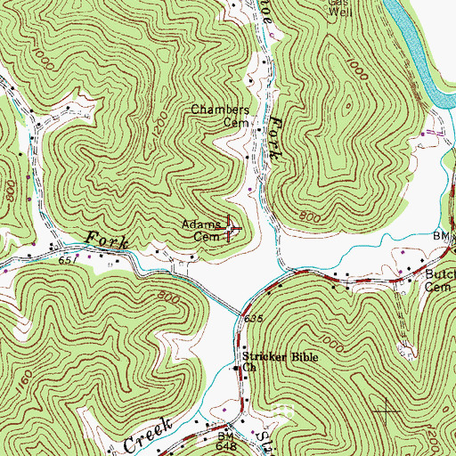 Topographic Map of Adams Cemetery, WV