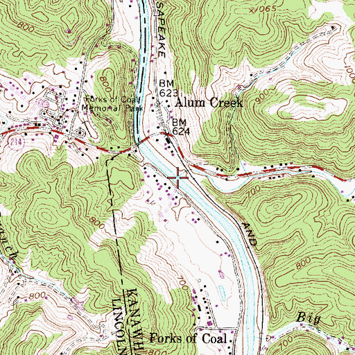 Topographic Map of Alum Creek, WV