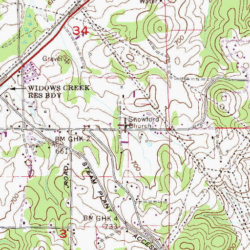 Topographic Map of Snowford Church, AL