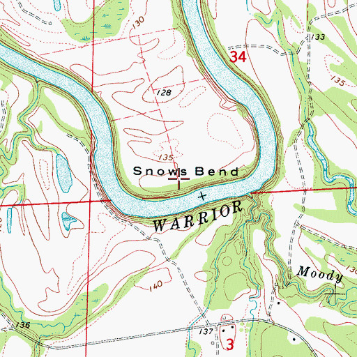 Topographic Map of Snows Bend, AL