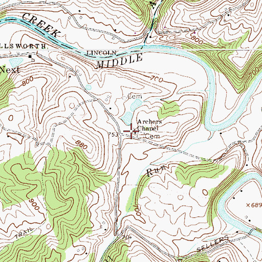 Topographic Map of Archers Chapel, WV
