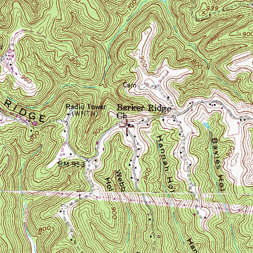 Topographic Map of Barker Ridge Church, WV