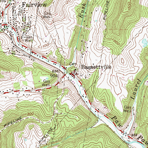 Topographic Map of Basnettville, WV