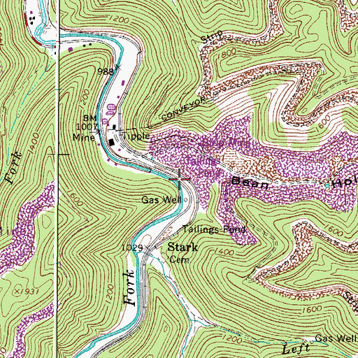 Topographic Map of Bean Hollow, WV