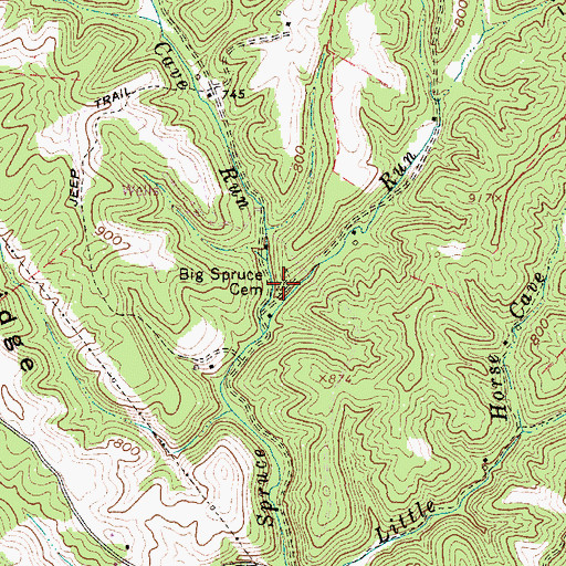 Topographic Map of Big Spruce Cemetery, WV