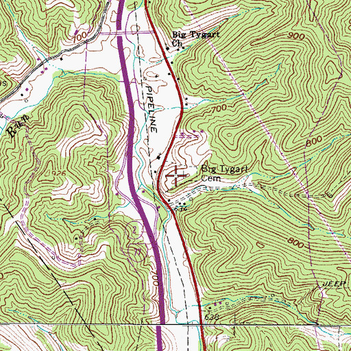Topographic Map of Big Tygart Cemetery, WV