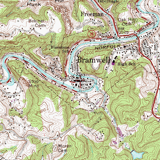 Topographic Map of Bramwell, WV