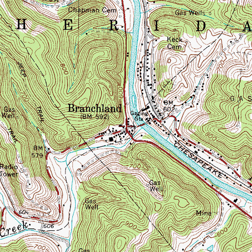 Topographic Map of Branchland, WV