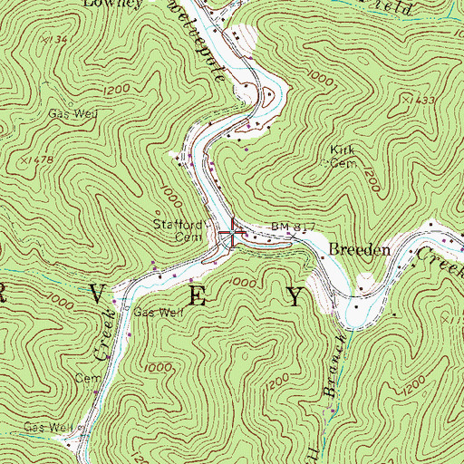 Topographic Map of Breeden Creek, WV