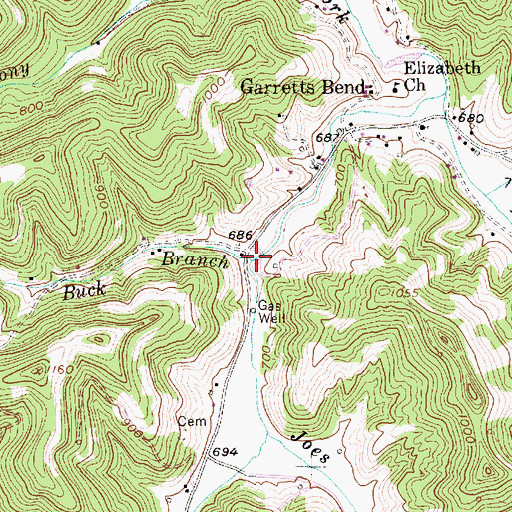 Topographic Map of Buck Branch, WV