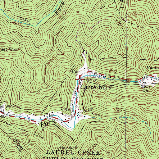 Topographic Map of Canterbury, WV