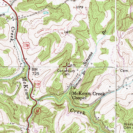 Topographic Map of Canterbury Cemetery, WV