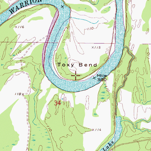 Topographic Map of Toxy Bend, AL