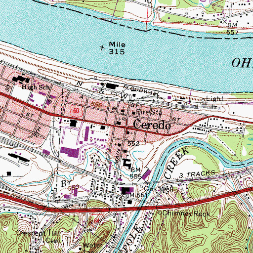 Topographic Map of Ceredo, WV