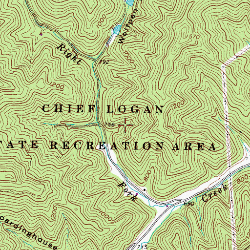 Topographic Map of Chief Logan State Park, WV