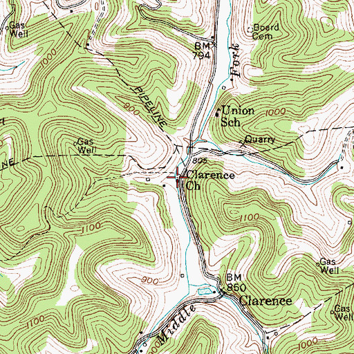 Topographic Map of Clarence Church, WV