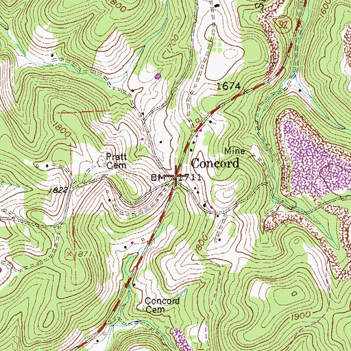 Topographic Map of Concord, WV