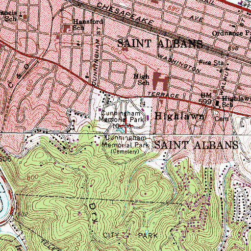 Topographic Map of Cunningham Memorial Park, WV