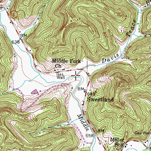 Topographic Map of Davis Trace Branch, WV