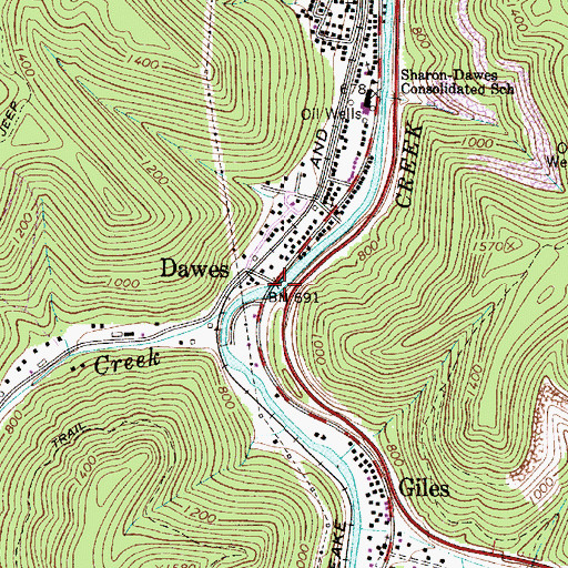 Topographic Map of Dawes, WV
