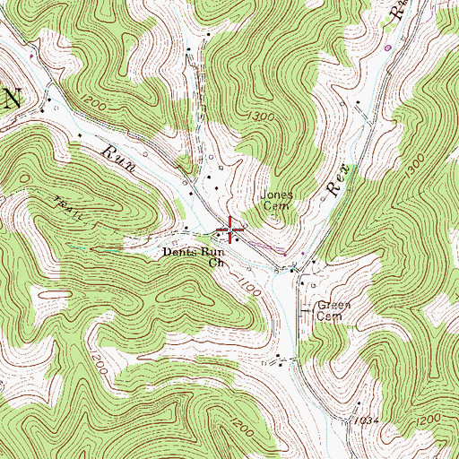 Topographic Map of Dents Run Church, WV