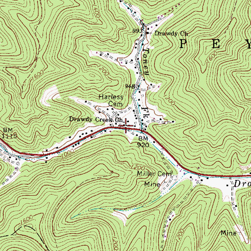 Topographic Map of Drawdy Creek Church, WV