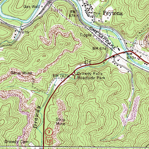 Topographic Map of Drawdy Falls Roadside Park, WV
