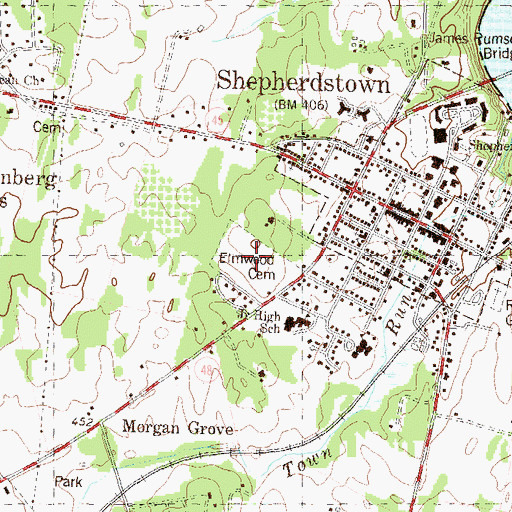 Topographic Map of Elmwood Cemetery, WV