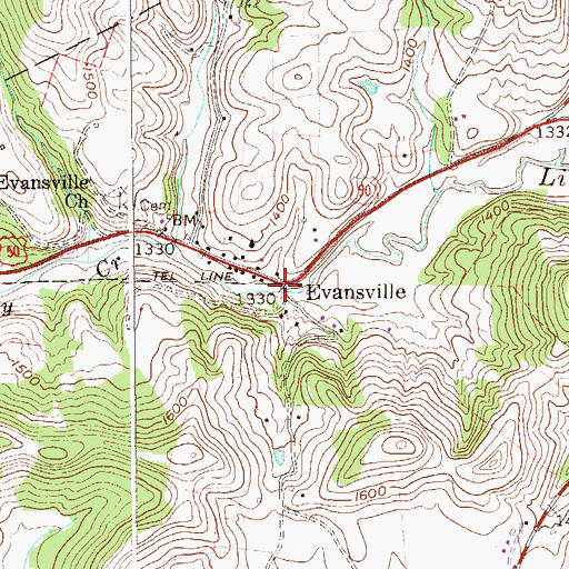 Topographic Map of Evansville, WV