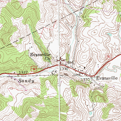 Topographic Map of Evansville United Methodist Church, WV