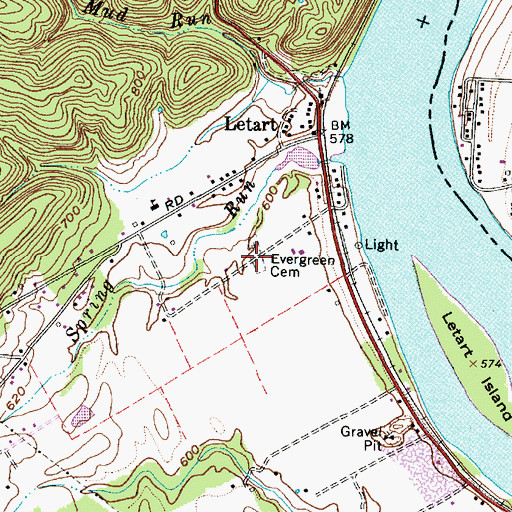 Topographic Map of Evergreen Cemetery, WV