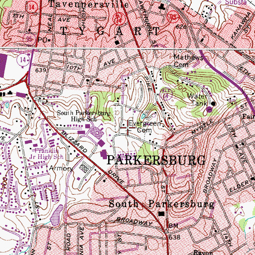 Topographic Map of Evergreen Cemetery, WV