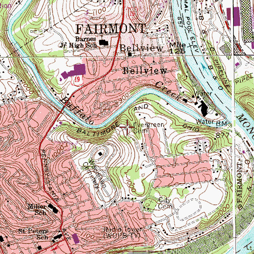 Topographic Map of Evergreen Cemetery, WV