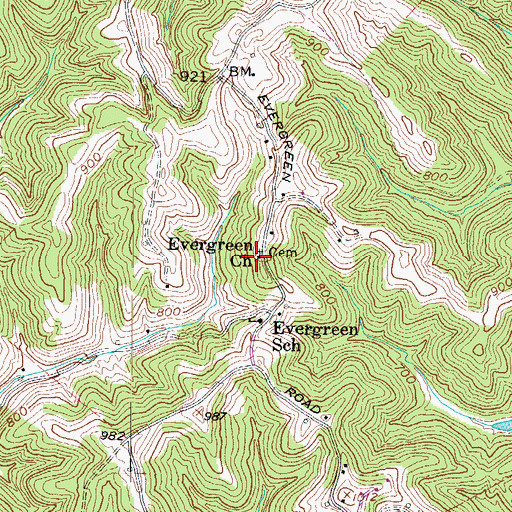Topographic Map of Evergreen Church, WV