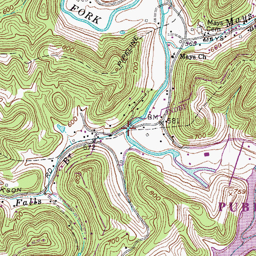 Topographic Map of Falls Branch, WV