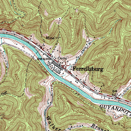 Topographic Map of Ferrellsburg, WV