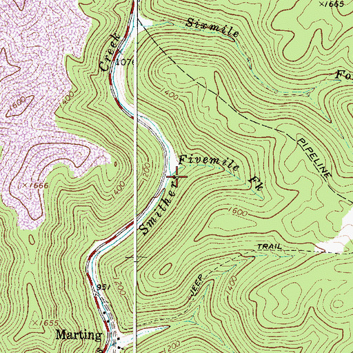 Topographic Map of Fivemile Fork, WV