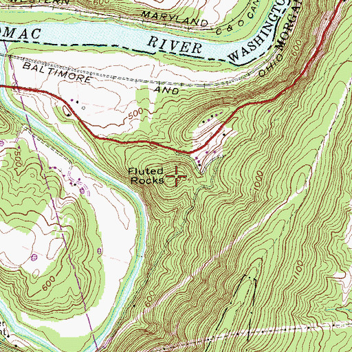 Topographic Map of Fluted Rocks, WV