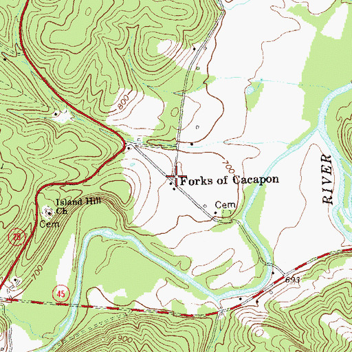 Topographic Map of Forks of Cacapon, WV
