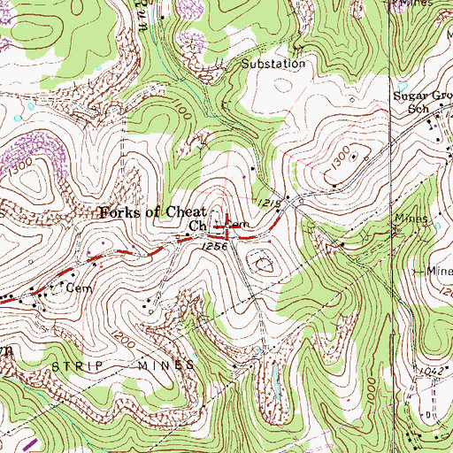 Topographic Map of Forks of Cheat Church, WV