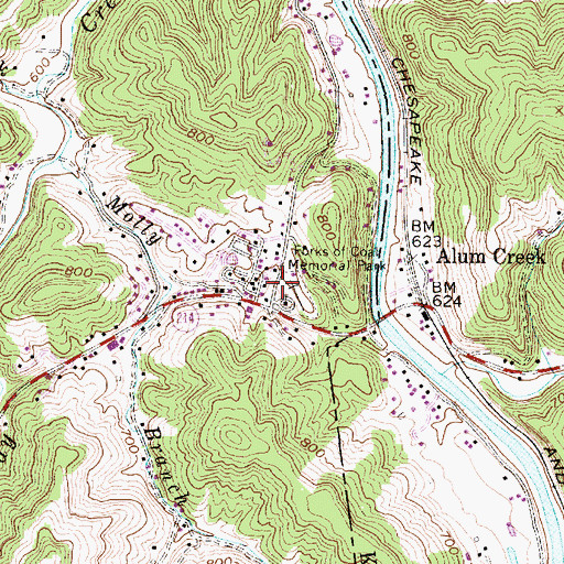 Topographic Map of Forks of Coal Memorial Park, WV
