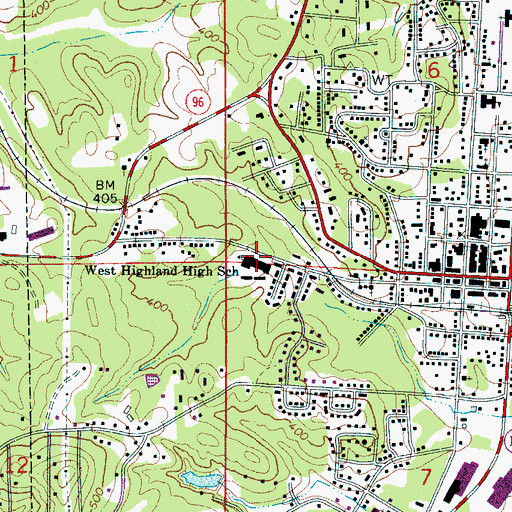 Topographic Map of West Highland High School, AL