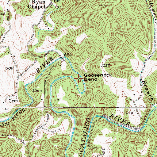 Topographic Map of Gooseneck Bend, WV
