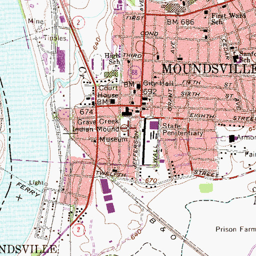 Topographic Map of Grave Creek Indian Mound, WV