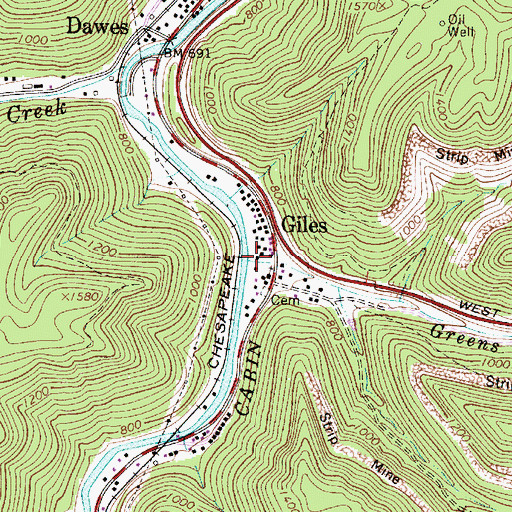 Topographic Map of Greens Branch, WV