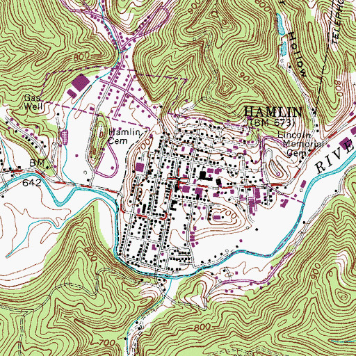 Topographic Map of Hamlin, WV